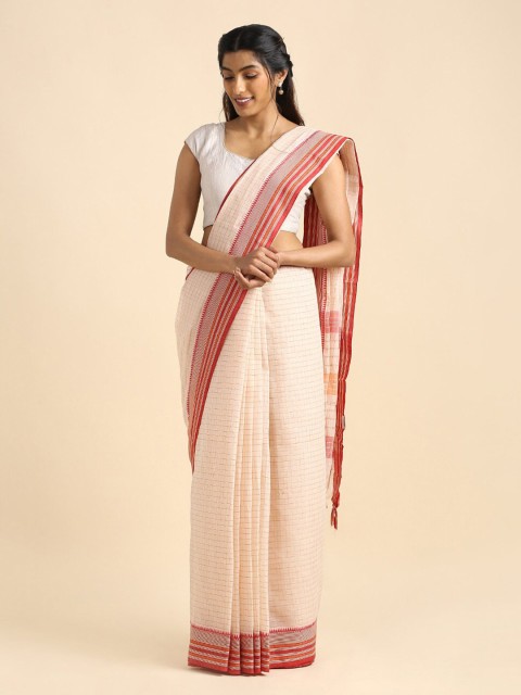 

Taneira Beige & Red Checked Zari Pure Cotton Narayan Peth Saree