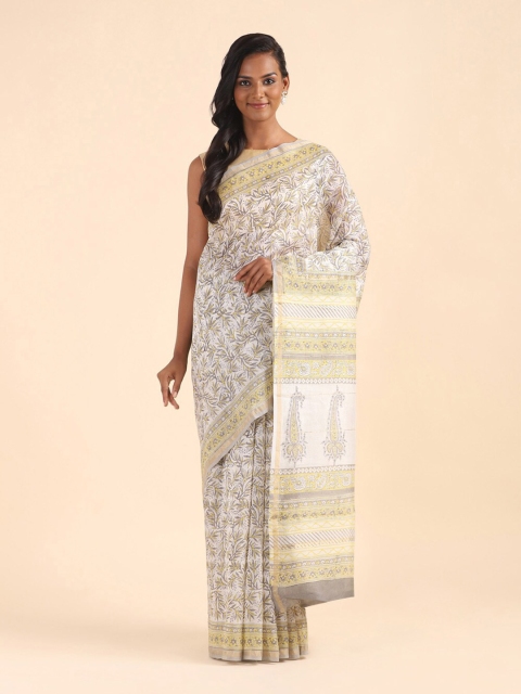 

Taneira Off White & Green Floral Silk Cotton Block Print Saree