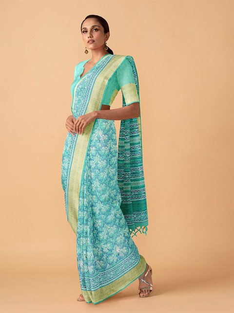 

Taneira Blue & White Floral Pure Linen Saree