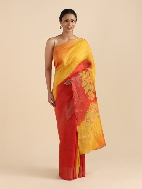 

Taneira Yellow & Red Zari Linen Blend Saree
