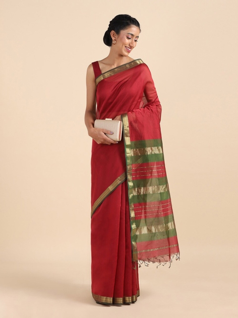 

Taneira Red & Green Striped Silk Cotton Maheshwari Saree