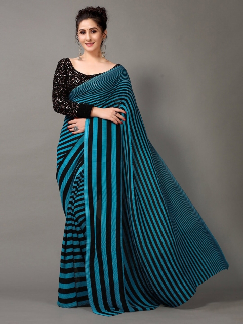 

HRITIKA Blue & Black Striped Saree