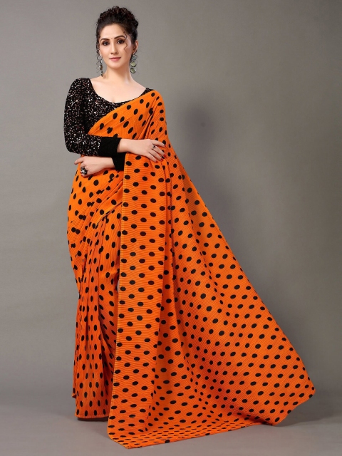 

HRITIKA Orange & Black Poly Georgette Polka Dot Printed Saree