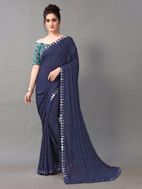 

HRITIKA Navy Blue & Gold-Toned Mirror Work Saree