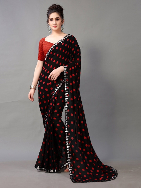 

Hritika Black Poly Georgette Mirror Work Polka Dot Saree