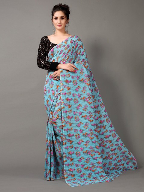 

HRITIKA Sky Blue Poly Georgette Floral Printed Saree