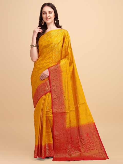 

ZIKARAA Women Yellow & Red Floral Zari Pure Silk Banarasi Saree