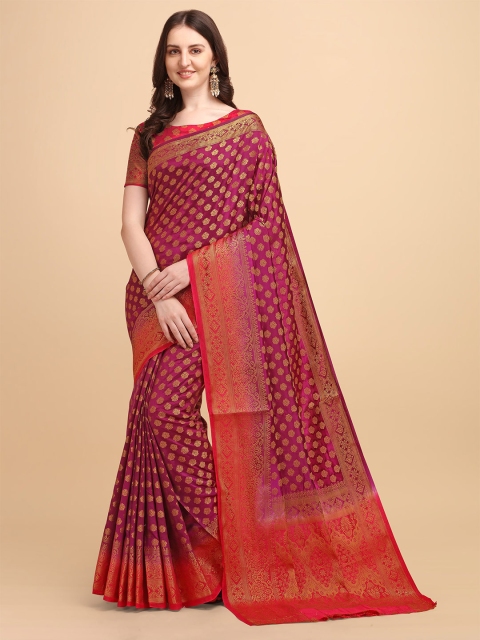 

ZIKARAA Purple & Red Woven Design Zari Pure Silk Banarasi Saree