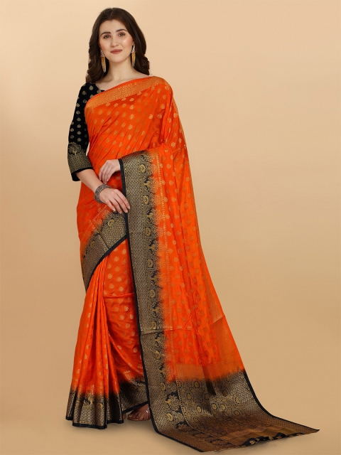 

ZIKARAA Women Orange & Gold-Toned Woven Design Zari Pure Silk Banarasi Saree