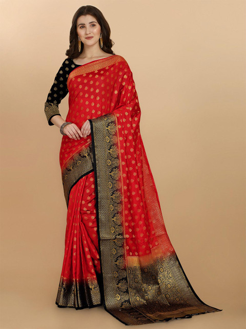 

ZIKARAA Women Red & Gold-Toned Floral Zari Pure Silk Banarasi Saree