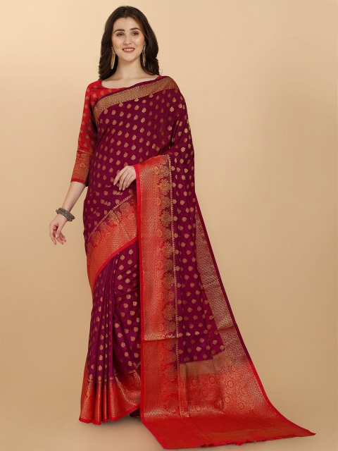 

ZIKARAA Purple & Red Floral Zari Pure Silk Banarasi Saree