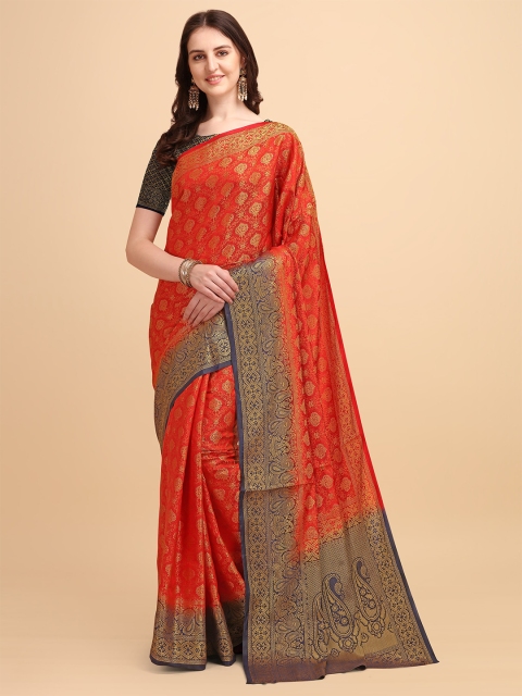 

ZIKARAA Red & Blue Floral Zari Pure Silk Banarasi Saree