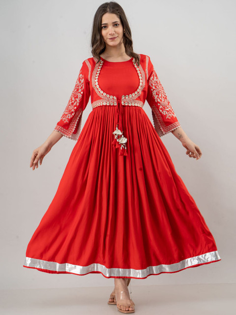 

FASHION DWAR Women Red Embroidered Maxi Long Ethnic Dress