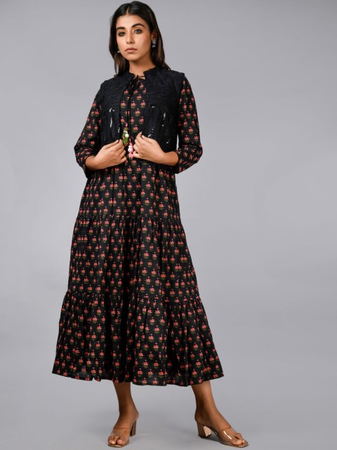 

FASHION DWAR Women Black Printed Long Ethnic Dress with Embroidered Jacket