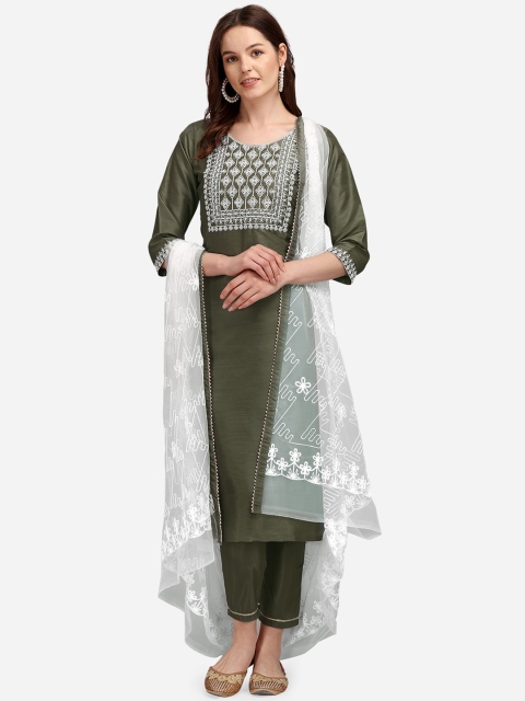 

VredeVogel Women Green Embroidered Thread Work Kurta with Trousers & With Dupatta