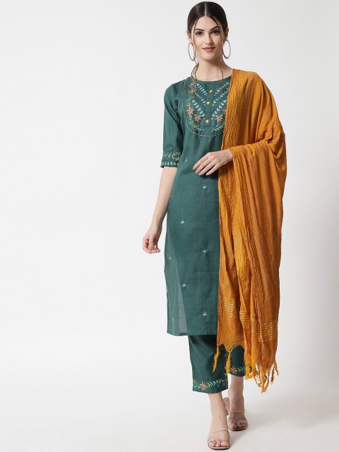 

VredeVogel Women Green Embroidered Panelled Pure Cotton Kurti with Trousers & With Dupatta
