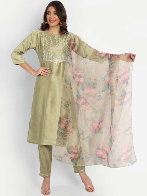 

VredeVogel Women Green Floral Yoke Design Thread Work Kurta with Trousers & With Dupatta