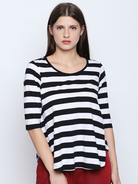 

CULT FICTION Women Black & White Striped Monochrome T-shirt