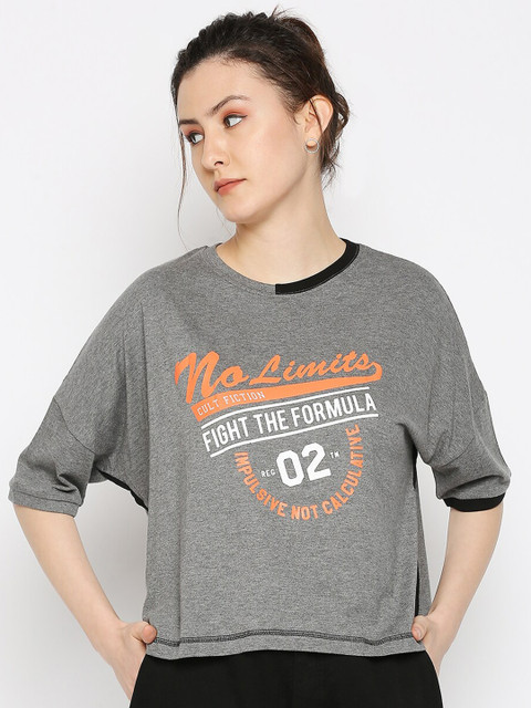 

CULT FICTION Women Grey Melange & Black Typography Printed Drop-Shoulder Sleeves Applique Boxy T-shirt