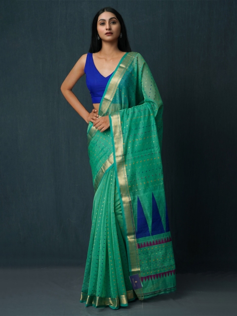 

Unnati Silks Green & Blue Woven Design Zari Silk Cotton Jamdani Saree