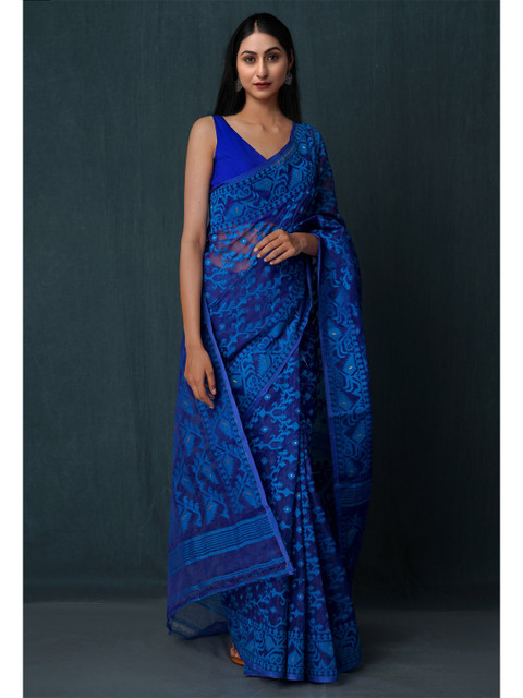 

Unnati Silks Navy Blue Woven Design Pure Cotton Jamdani Saree