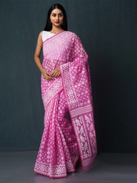 

Unnati Silks Pink & White Woven Design Pure Cotton Jamdani Saree