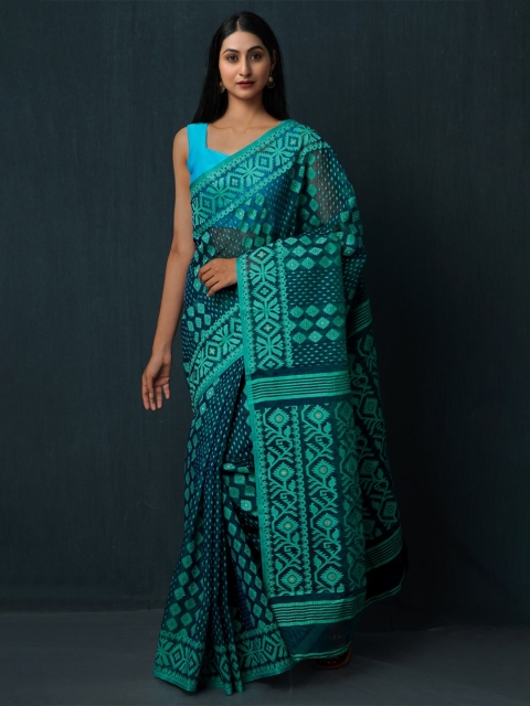 

Unnati Silks Green Woven Design Pure Cotton Jamdani Saree