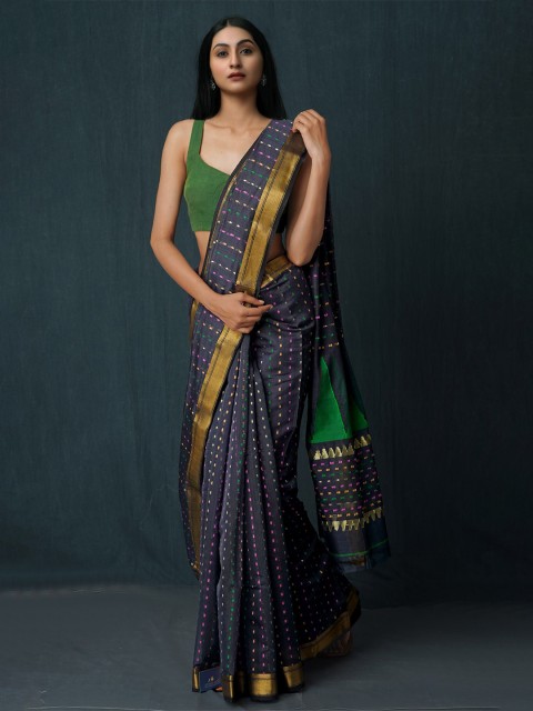 

Unnati Silks Black & Green Woven Design Silk Cotton Jamdani Saree