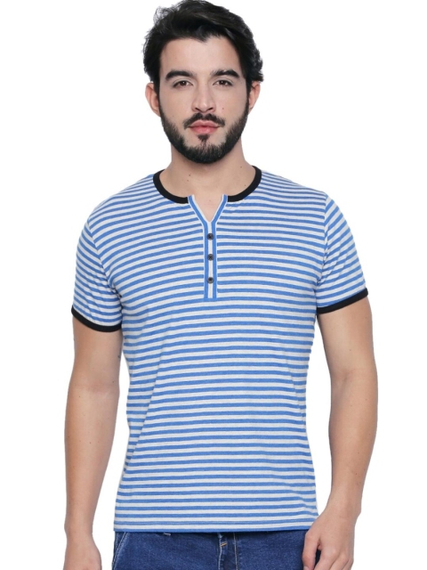 

CULT FICTION Men Blue Striped Henley Neck T-shirt