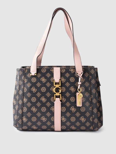 

GUESS Brown Ethnic Motifs Printed Shoulder Bag with Tab & Buckle Detail