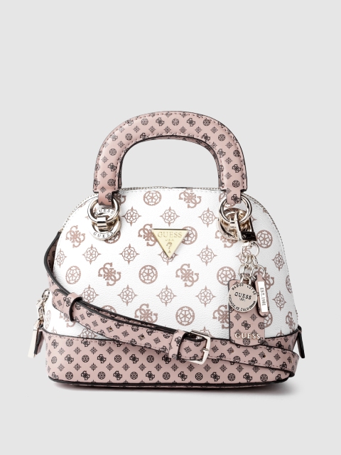 

GUESS White & Pink Brand Logo Print Structured Handheld Bag