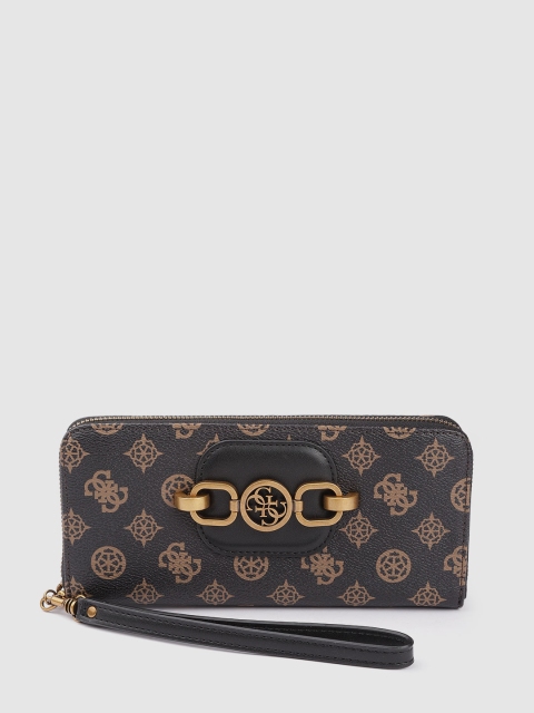 

GUESS Women Coffee Brown & Beige Brand Logo Print Zip Around Wallet