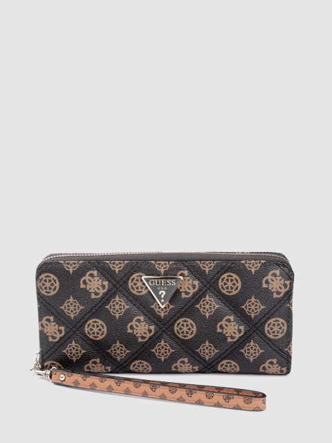 

GUESS Women Coffee Brown & Beige Brand Logo Quilted Zip Around Wallet