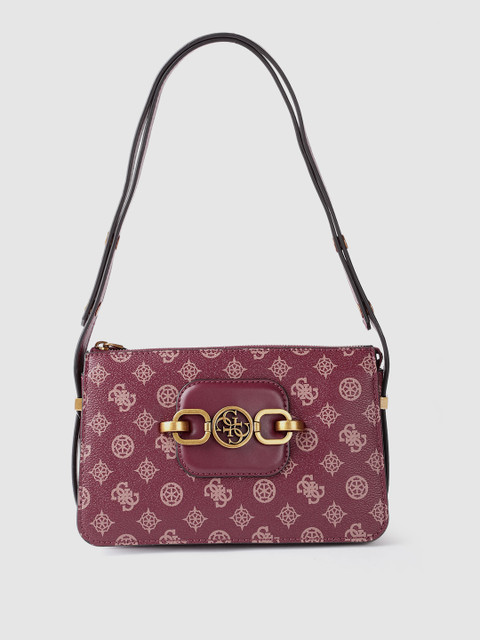 

GUESS Maroon & Peach-Coloured Ethnic Motifs Printed Shoulder Bag with Buckle Detail
