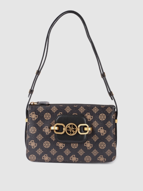 

GUESS Brown Ethnic Motifs Printed Structured Shoulder Bag with Buckle Detail