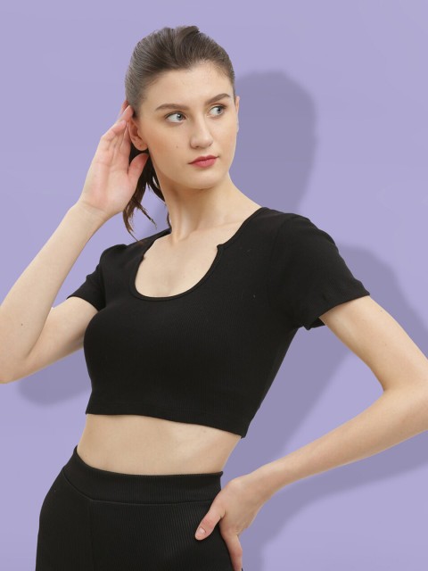 

EVERDION Women Black V-Neck Slim Fit T-shirt