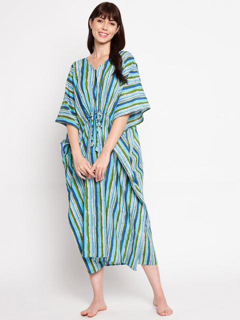 

SECRETS BY ZEROKAATA Women Blue & Green Striped Cotton Kaftan Cover Up Dress, Multi