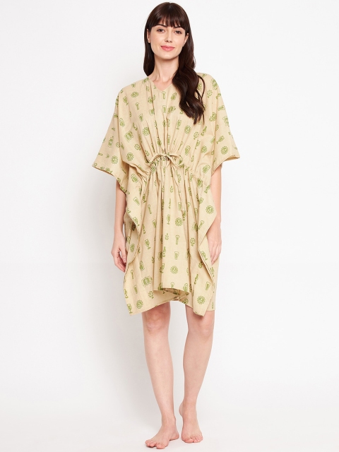 

SECRETS BY ZEROKAATA Women Beige Printed Cover Up Dress Pure Cotton Swimwear