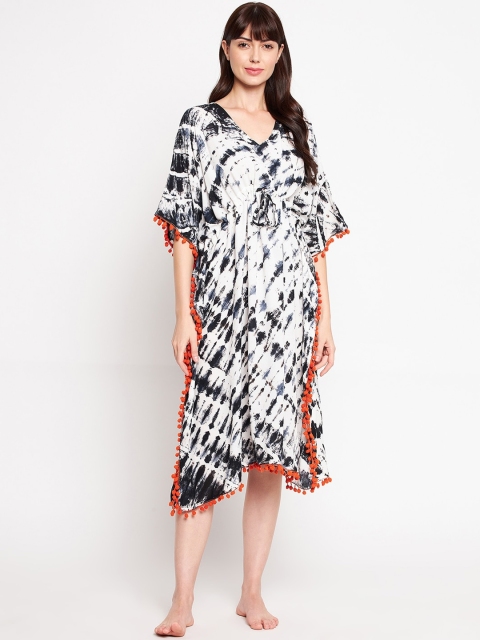 

SECRETS BY ZEROKAATA Women Black & White Tie & Dye Short Kaftan Cover Up Dress