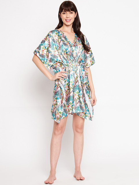 

SECRETS BY ZEROKAATA Women Cream & Blue Printed Kaftan Cover-Up Dress