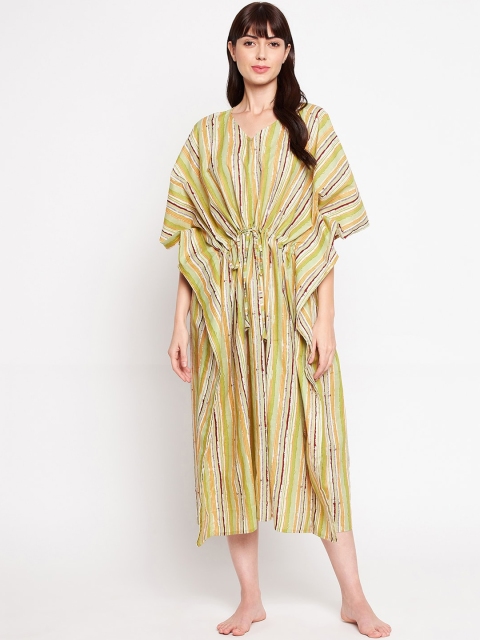 

SECRETS BY ZEROKAATA Women Green Stripped Pure Cotton Long Kaftan Cover Up Dress