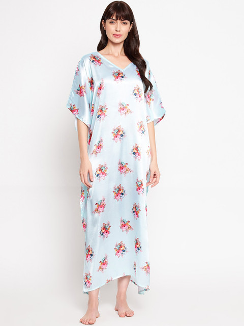 

SECRETS BY ZEROKAATA Women Blue & Pink Printed Long Kaftan Cover Up Dress