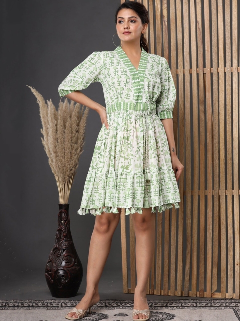 

FASHION DWAR Green & White Floral Cotton A-Line Dress