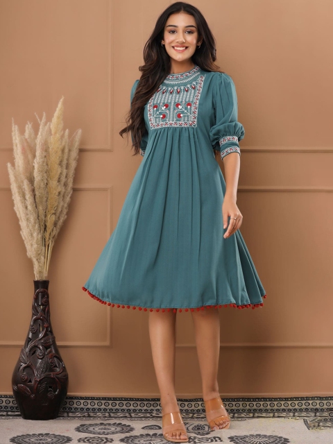 

FASHION DWAR Green & White Ethnic Motifs Embroidered A-Line Dress