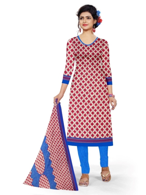 

INDIAN HERITAGE Red & Blue Printed Silk Crepe Unstitched Dress Material