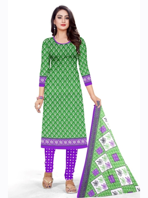 

INDIAN HERITAGE Green & White Printed Silk Crepe Unstitched Dress Material