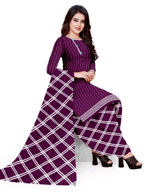

INDIAN HERITAGE Purple & White Printed Silk Crepe Unstitched Dress Material
