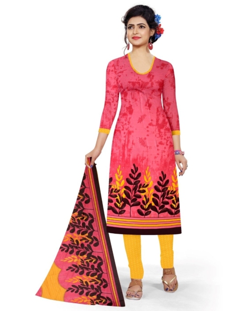 

INDIAN HERITAGE Pink & Yellow Printed Silk Crepe Unstitched Dress Material
