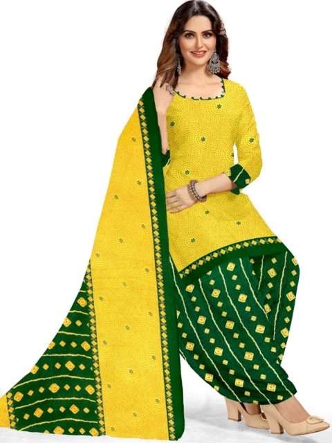 

INDIAN HERITAGE Yellow & Green Printed Silk Crepe Unstitched Dress Material