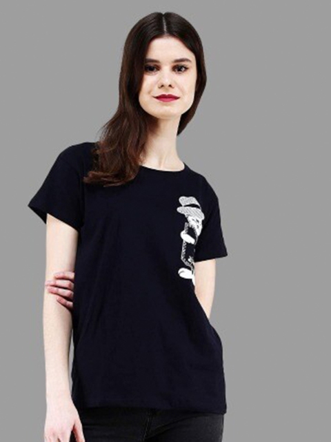 

BROADSTAR Women Navy Blue Colourblocked Drop-Shoulder Sleeves Monochrome Applique T-shirt